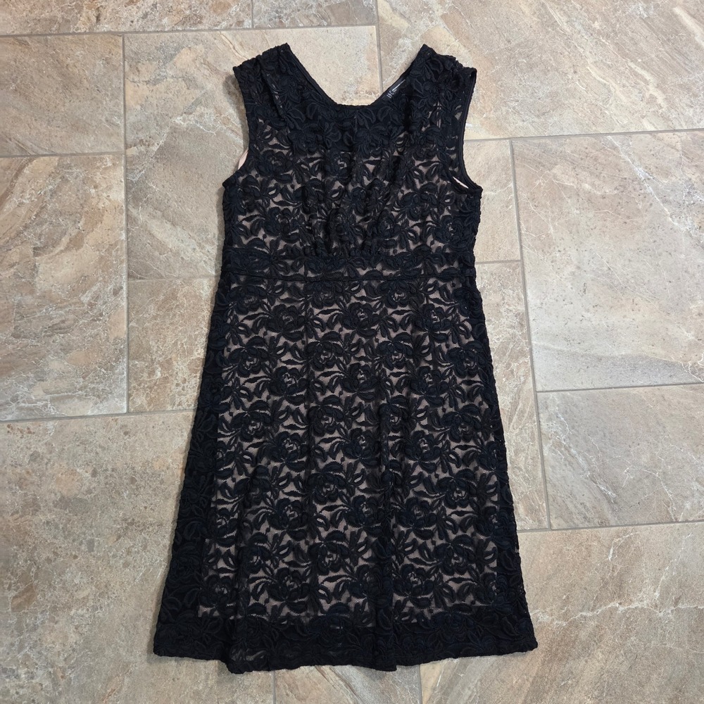 INC International Concepts Black Floral Lace V-Neck Dress Petite 12P Exposed Zip